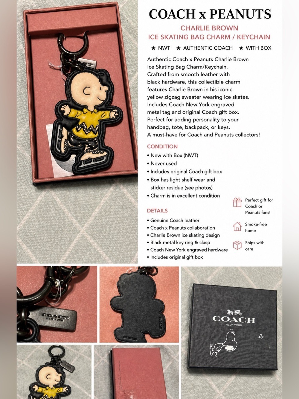 Coach x Peanuts Charlie Brown Ice Skating Leather Bag Charm Keychain NWT